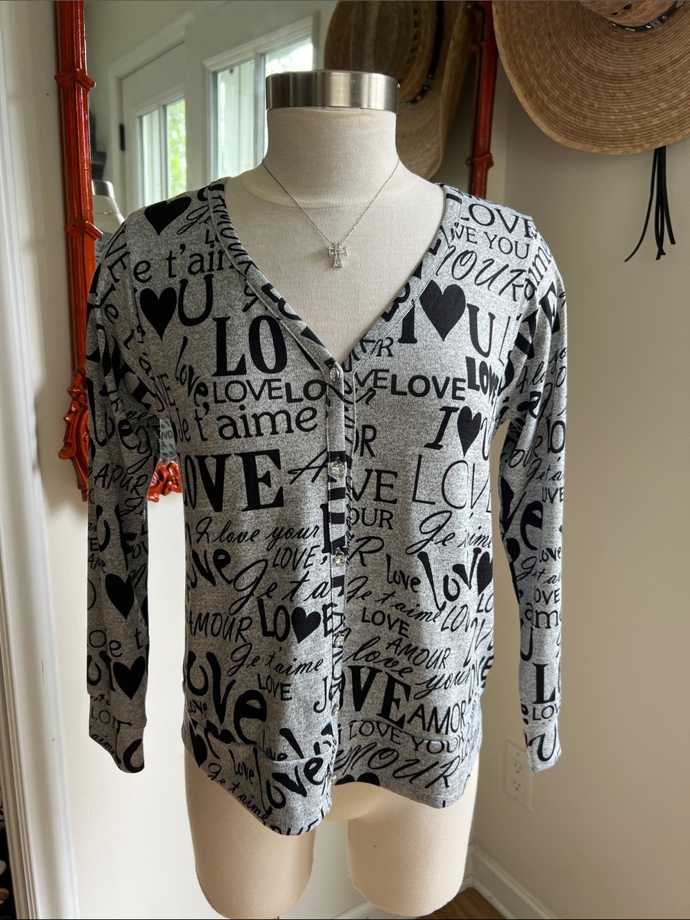 Grey Knit Cardigan with Black Love Script